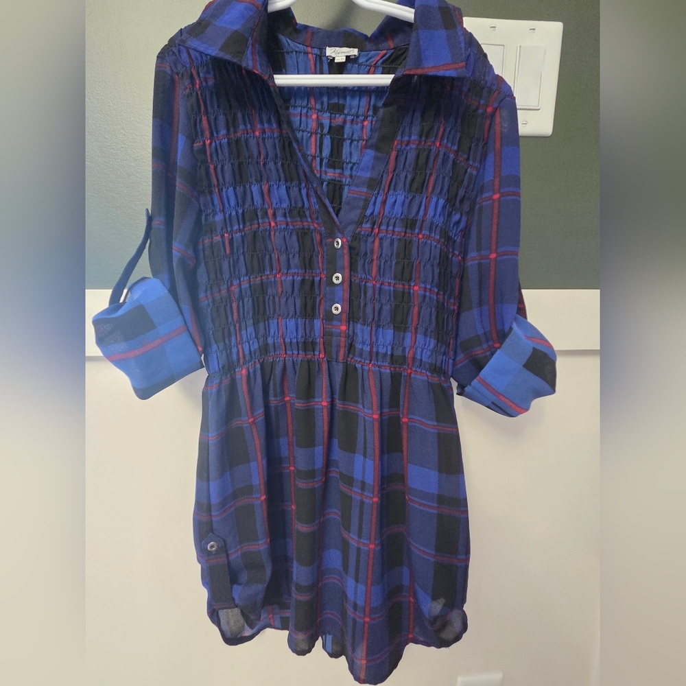Kismet Blue, Black & Red Plaid Long-Sleeve Smocked Dress